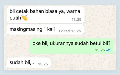 Chat WhatsApp dengan pelanggan: memastikan ukuran, bahan, dan warna part